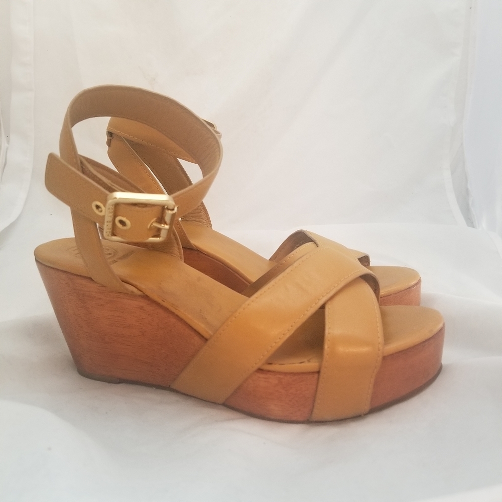 Tory Burch Almita Wood Wedge Platform Sandal Leather Tan 9